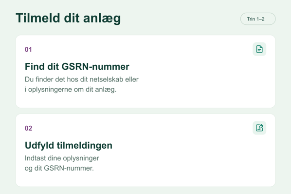 Tilmeld dit anlæg i to trin: Find dit GSRN-nummer hos dit netselskab, og udfyld tilmeldingen med dine oplysninger og GSRN-nummer.